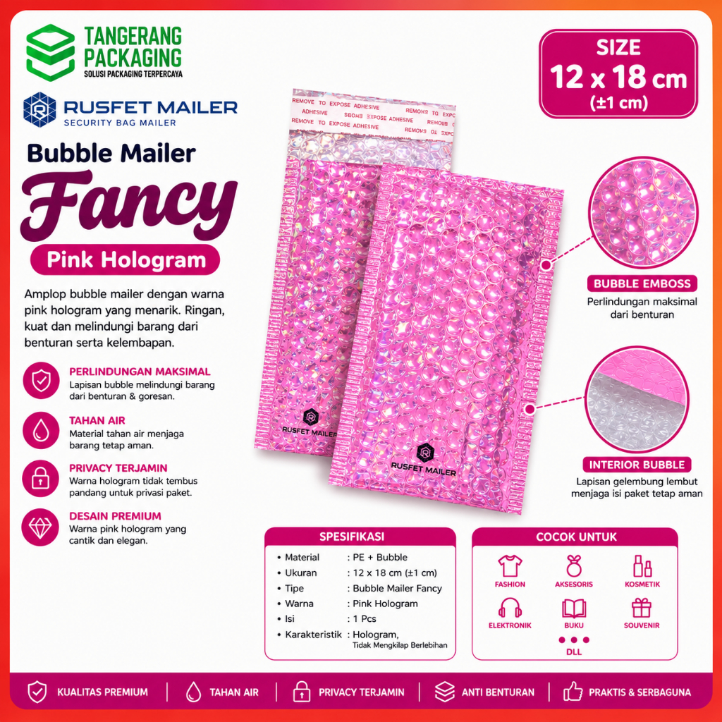 Amplop Bubble Mailer Hologram Pink 12x18 Envelope Bubble Wrap Rusfet