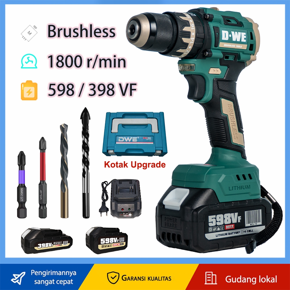 D•WE 13/10mm Bor Upgrade 598/398VF Bor Brushless 70/65N.M Mesin 3Mode 1900/1800RPM Bor Impact Cordle