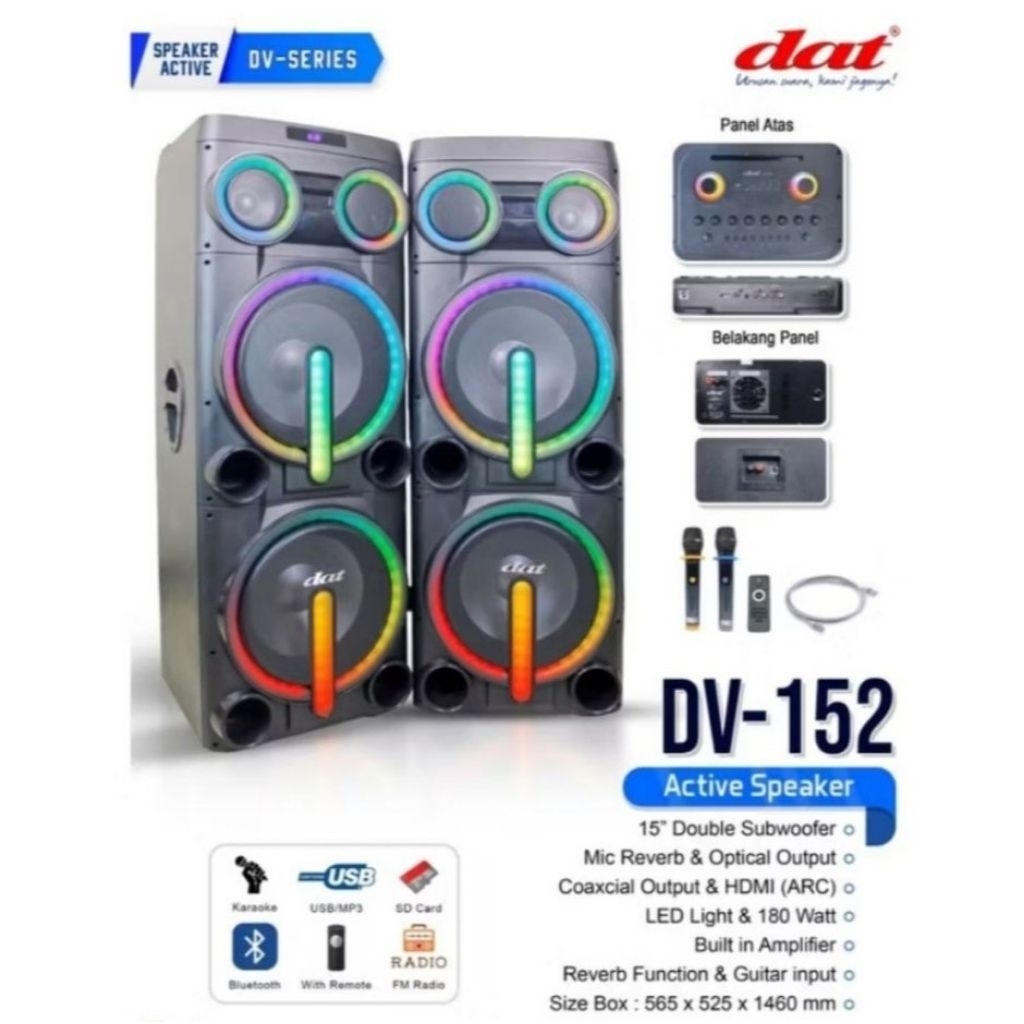 Speaker Active&Passive Jumbo DAT DV-152 15 Inch Double Subwoofer Bass Kuat 180W LED Light Speaker Ak