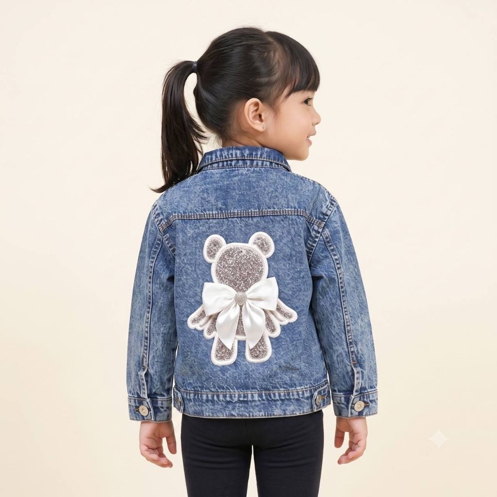 Jaket Jeans Anak Perempuan Gambar 3D Patch Pita 1-7 Tahun