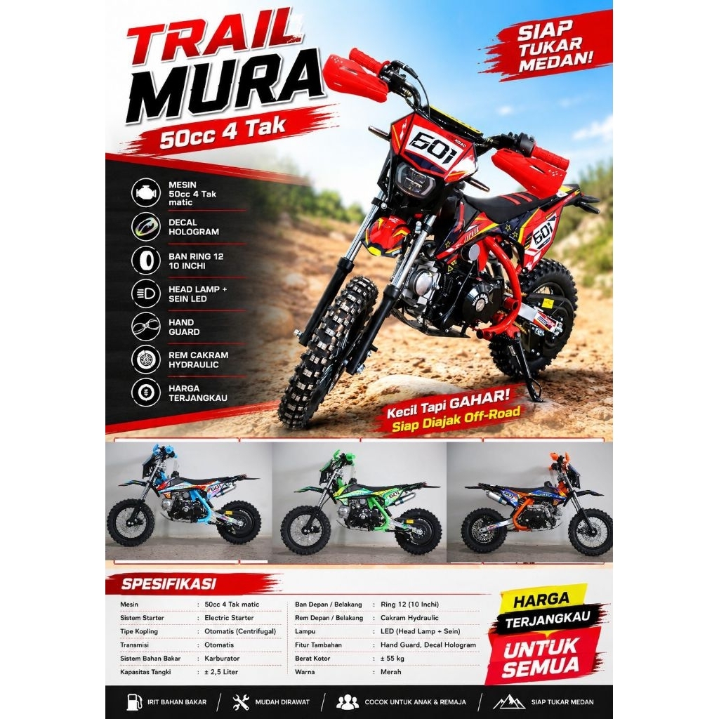 MEDIUM TRAIL MURA 50CC MESIN 4 TAK MESIN HONDA~MOTOR MINI TRAIL FULL MATIC~MAINAN MOTOR CROSS