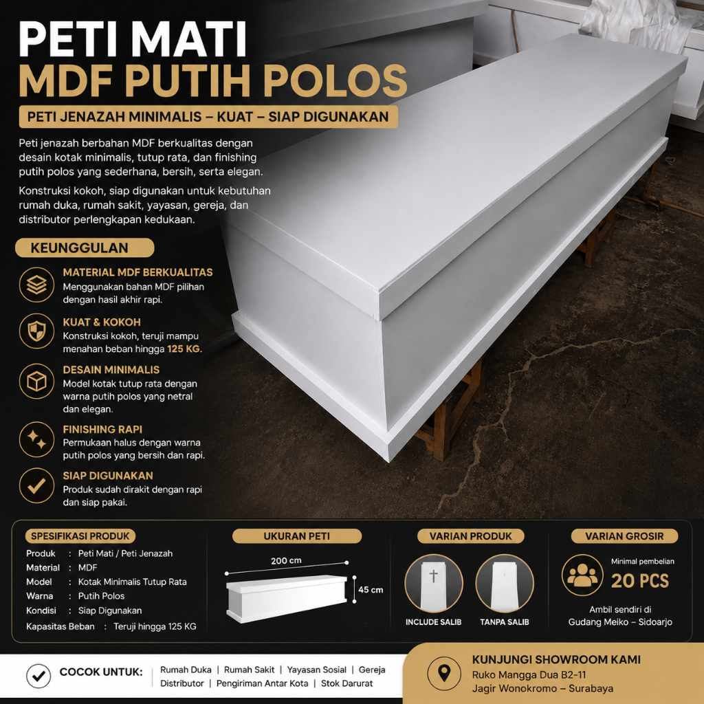 PETI MATI MDF PUTIH POLOS | PETI JENAZAH MINIMALIS | PETI MATI KRISTEN | SIAP DIGUNAKAN