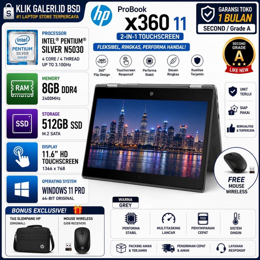 Laptop Touchscreen HP ProBook X360 11 Intel Pentium N5030 RAM 8GB 512GB SSD Win11 Pro