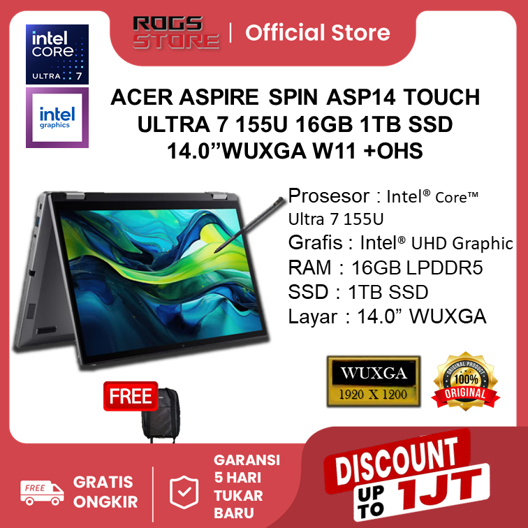 ACER ASPIRE SPIN ASP14 TOUCH -  ULTRA 7 155U 16GB 1TB 14" WUXGA W11+OHS