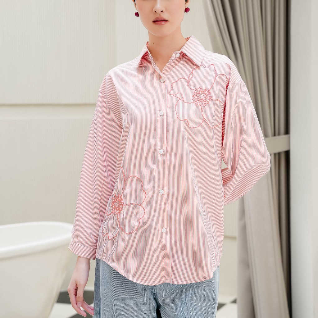 This Is April Amour Top Atasan Kemeja Wanita Lengan Panjang Striped Statement Piece Pink Peach dan B