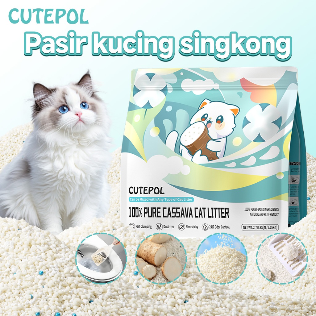 Cutepol 100% Pasir Kucing Cassava Cat Litter  Singkong Murni Daya Serap Air Kuat, Minim Debu, Alami 