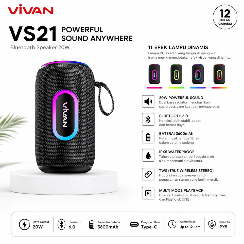 VIVAN VS21 Speaker Bluetooth Portable Outdoor 20W Super Bass - TWS Wireless, IPX5 Waterproof, RGB Li