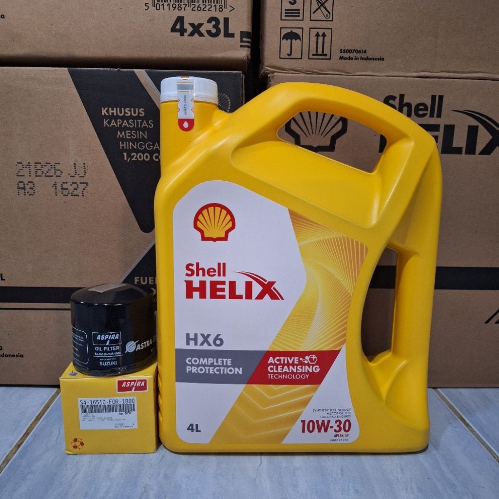 paket oli shell HX6 10W-30 4 Liter dan filter oli mobil SUZUKI Karimun, spresso, ertiga, XL7, carry,