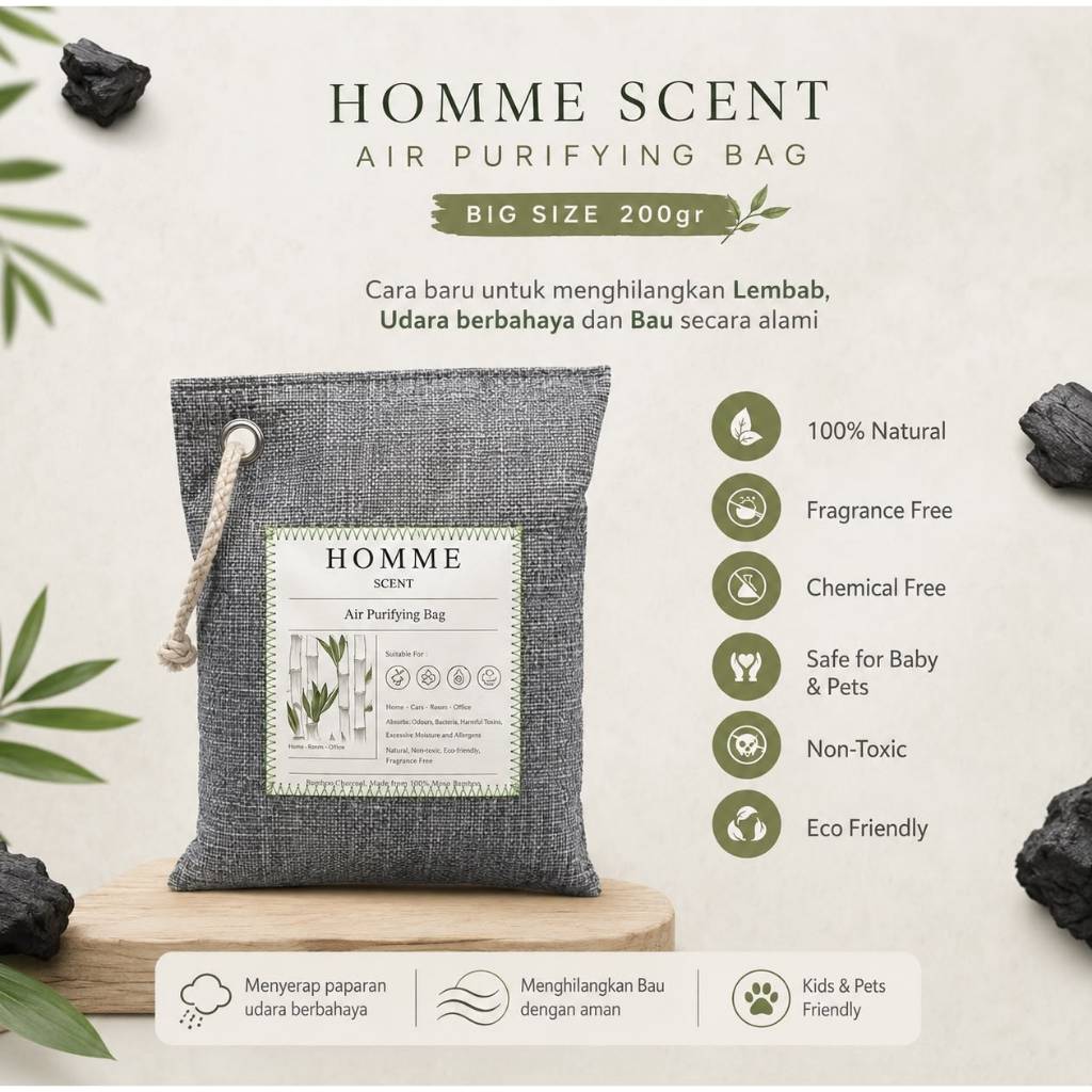 Homme scent Air purifier bag bamboo charcoal penyerap bau lembab ruangan rumah kamar mandi mobil sep
