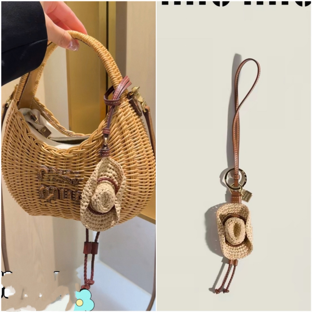 MIU Style Tas Gantungan Topi Jerami Anyaman Raffia Liburan Musim Panas Bag Charm