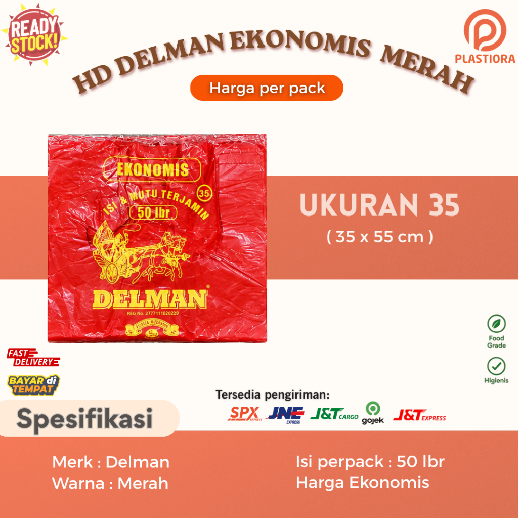 Plastiora Kantong Plastik Kresek Besar Delman Ekonomis Uk 35 Merah isi 50 lbr Warung Kualitas LOCO