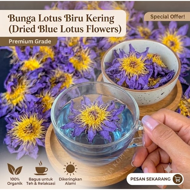 DISKON BUNGA LOTUS BIRU  / BUNGA LOTUS KERING / DRIED BLUE LOTUS FLOWER TEA / TEH BUNGA LOTUS / TEH 