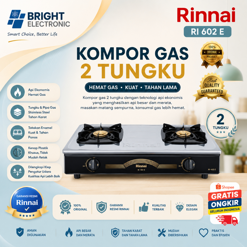 RINNAI KOMPOR GAS 2 TUNGKU RI 602 E KOMPOR RINNAI/RI 602/RI602 E/RI 602E/RI602E/RI-602E/RI-602 E