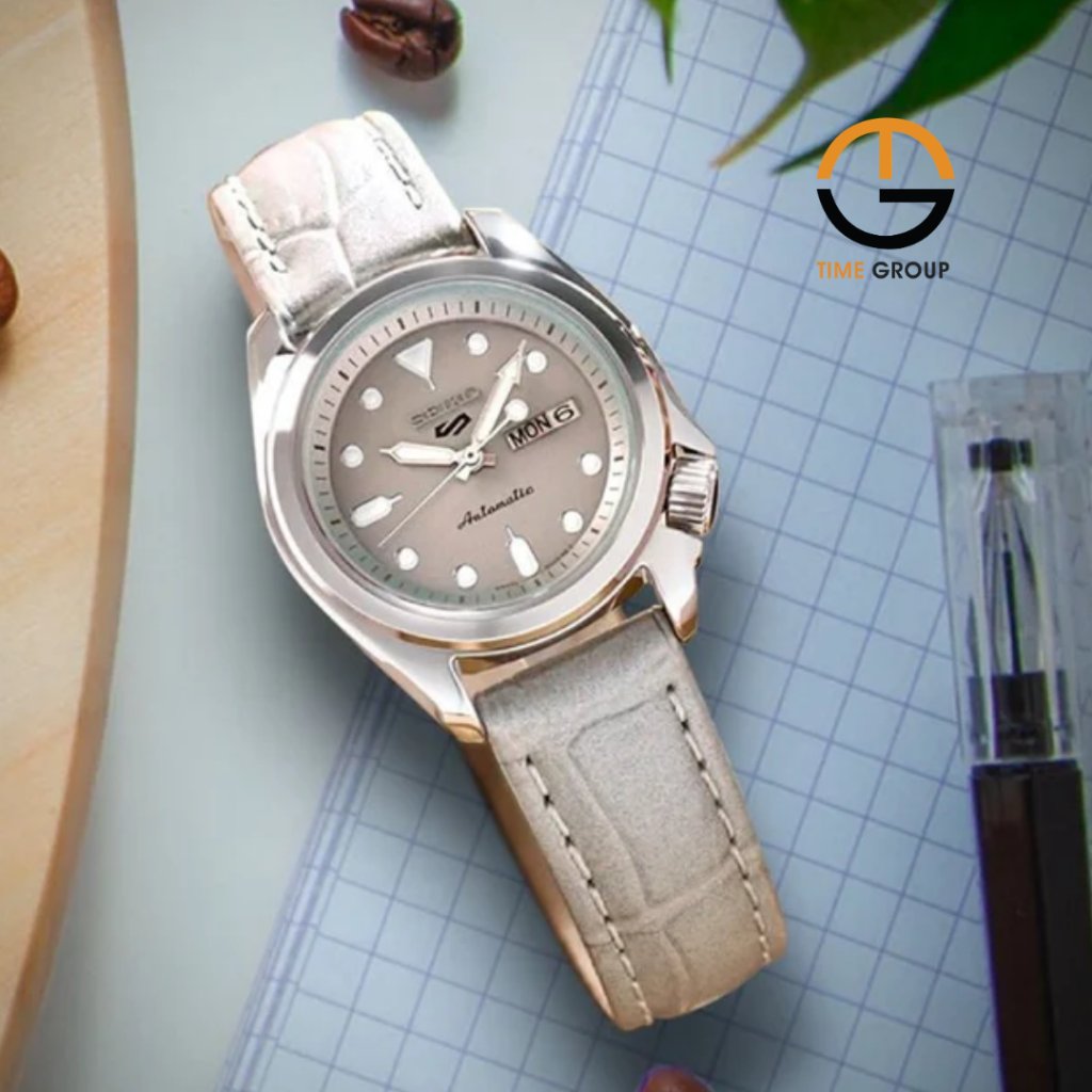 JAM TANGAN WANITA SEIKO 5 AUTOMATIC SRE005K1 BEIGE LEATHER STRAP ORIGINAL