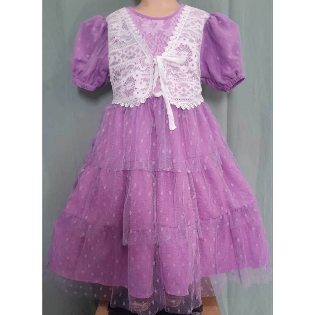 Dress Anak Perempuan Tutu Polkadot Tile Brukat Elegan – Gaun Pesta Anak Lengan Puff | Size 2-9 Tahun