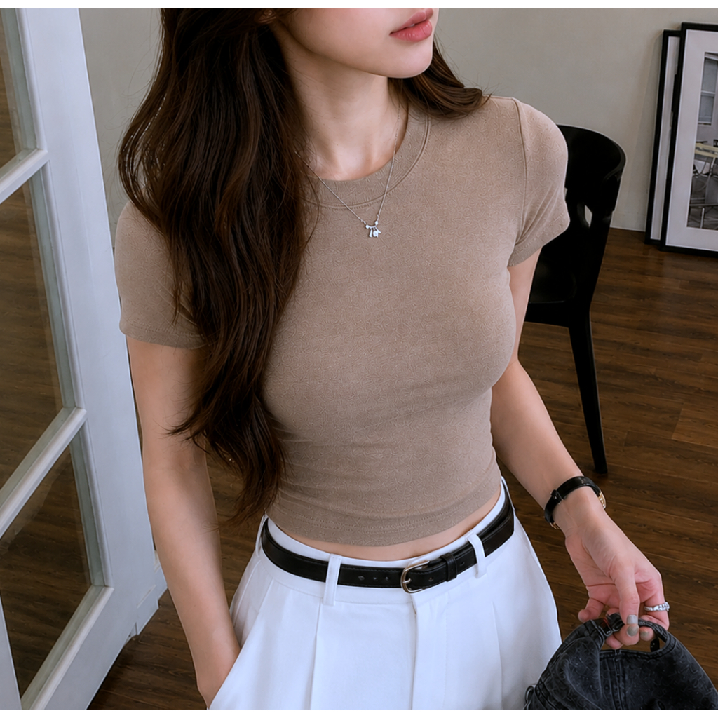 Kaos Crop top wanita korea Atasan Cropped Wanita Short S leeve Crew Neck Kaos Slim Fit Basic Tshirt