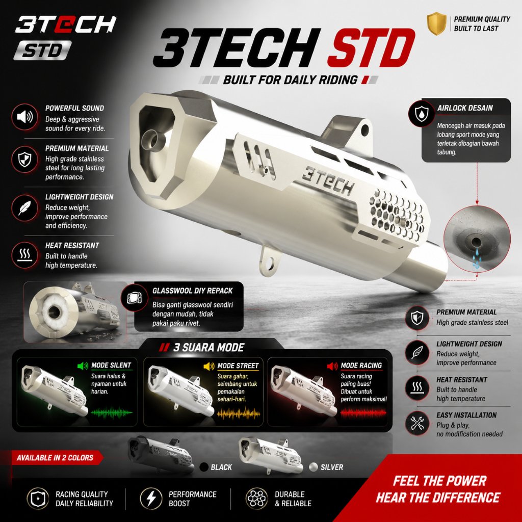 Knalpot 3tech STD untuk matic 110-160cc 3 suara stainless Steel beat, Mio, Nmax, Aerox, Scoopy all M