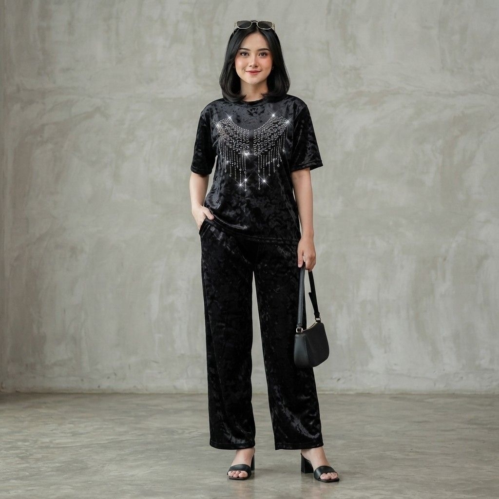 setcel bludru / setelan wanita velvet bludru terbaru payet mote belah tengah