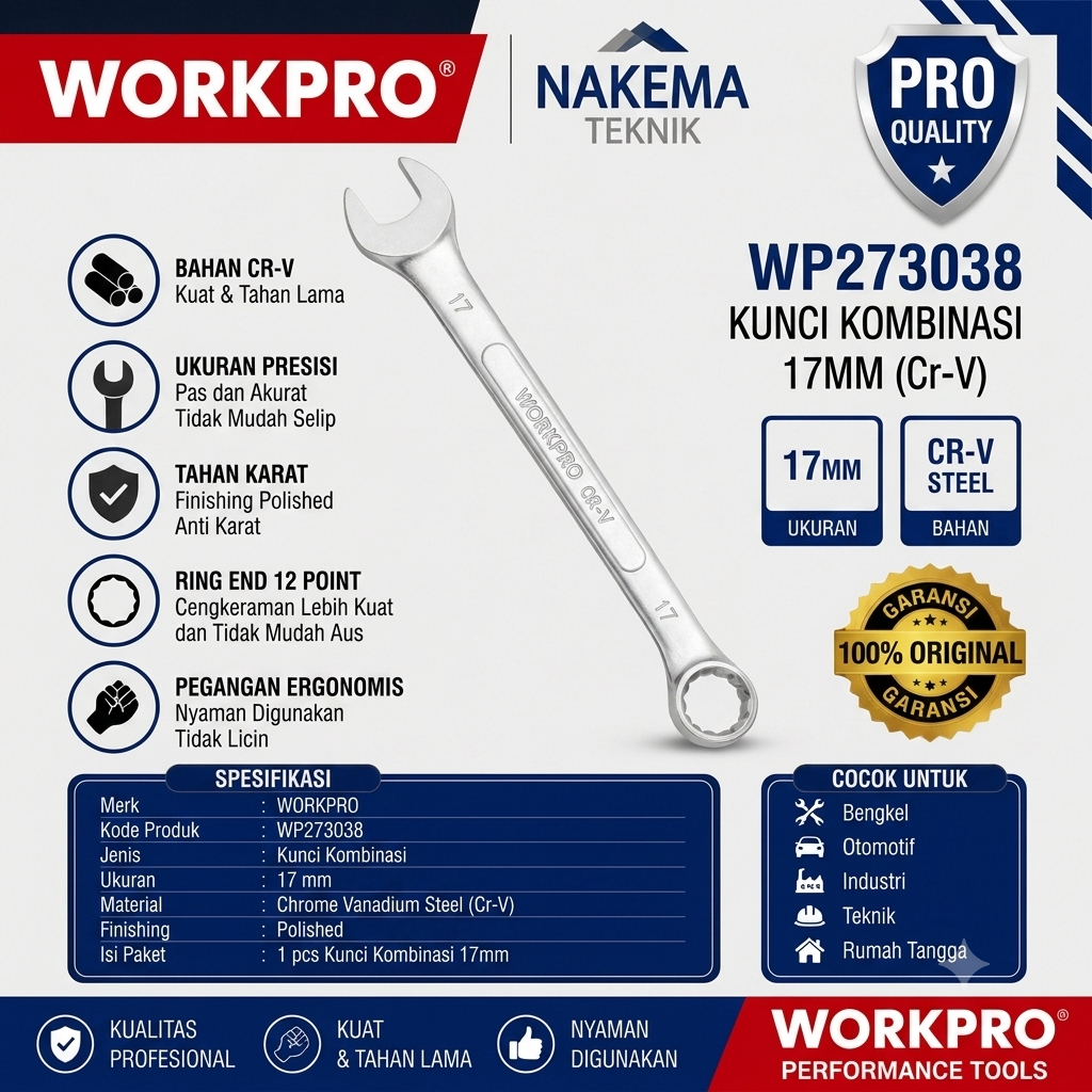 WORKPRO Kunci Ring Pas  Kombinasi  RING PAS 17mm Cr-V Original Combination Wrench | Nakema Teknik