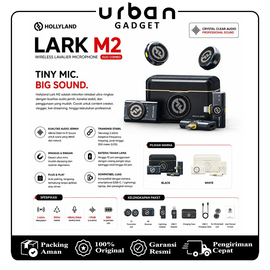 Mic Hollyland Lark M2 Dual Wireless Lavalier Microphone Noice-Cancelling - Resmi