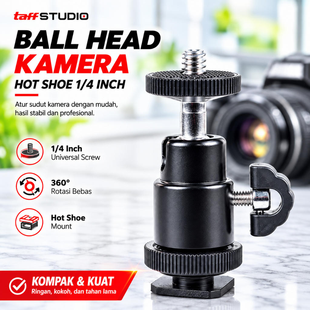 Ball Head Hot Shoe  Kamera Hot Shoe 1/4 - QM3621 Hotshoe Ballhead Rotasi Quick Release Tripod Light 
