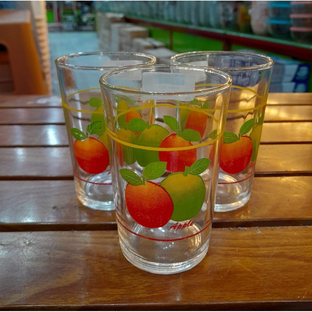Gelas Kaca motif buah / Gelas Jadul