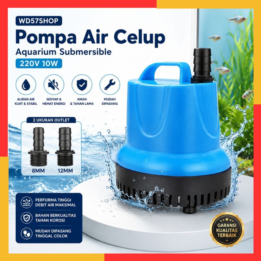 Pompa Air Aquarium Celup Mini Kecil Mesin Aquarium Submersible Pump 220-240V 10W Multifungsi