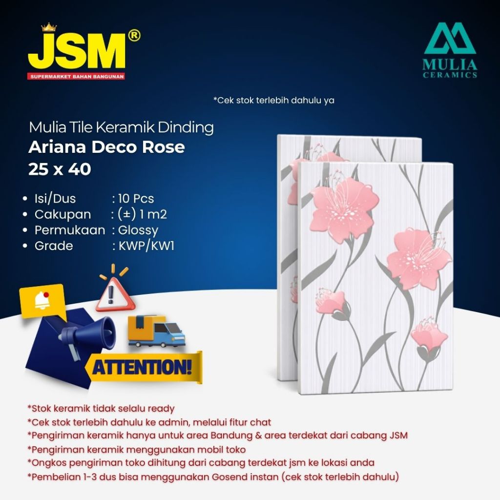 Mulia Tile Keramik Dinding Ariana Deco Rose 25x40 - JSM Supermarket Bahan Bangunan