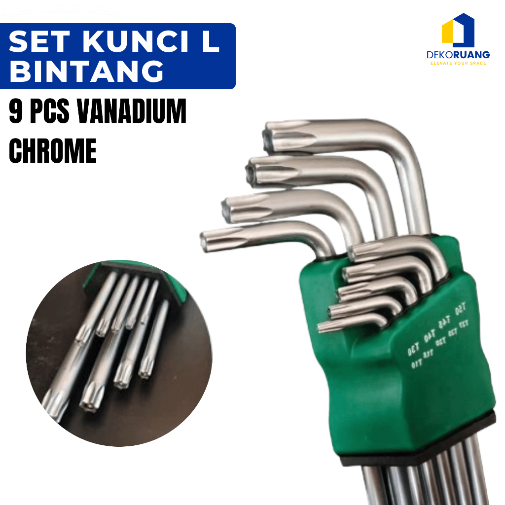 Kunci L Set Lengkap 9 PCS Bahan Vanadium Chrome Kunci L Bintang Kunci L Bintang Set Lengkap Kunci Bi