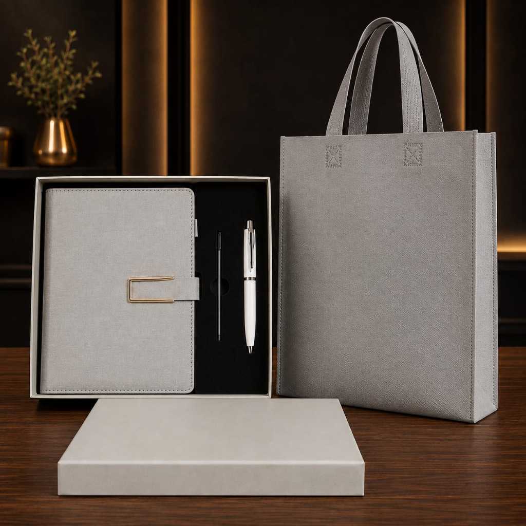 Gift Set Notebook A5 dan Pena Custom Logo, Buku Agenda A5 dan Pena Free refill custom Logo, Kemas Ha