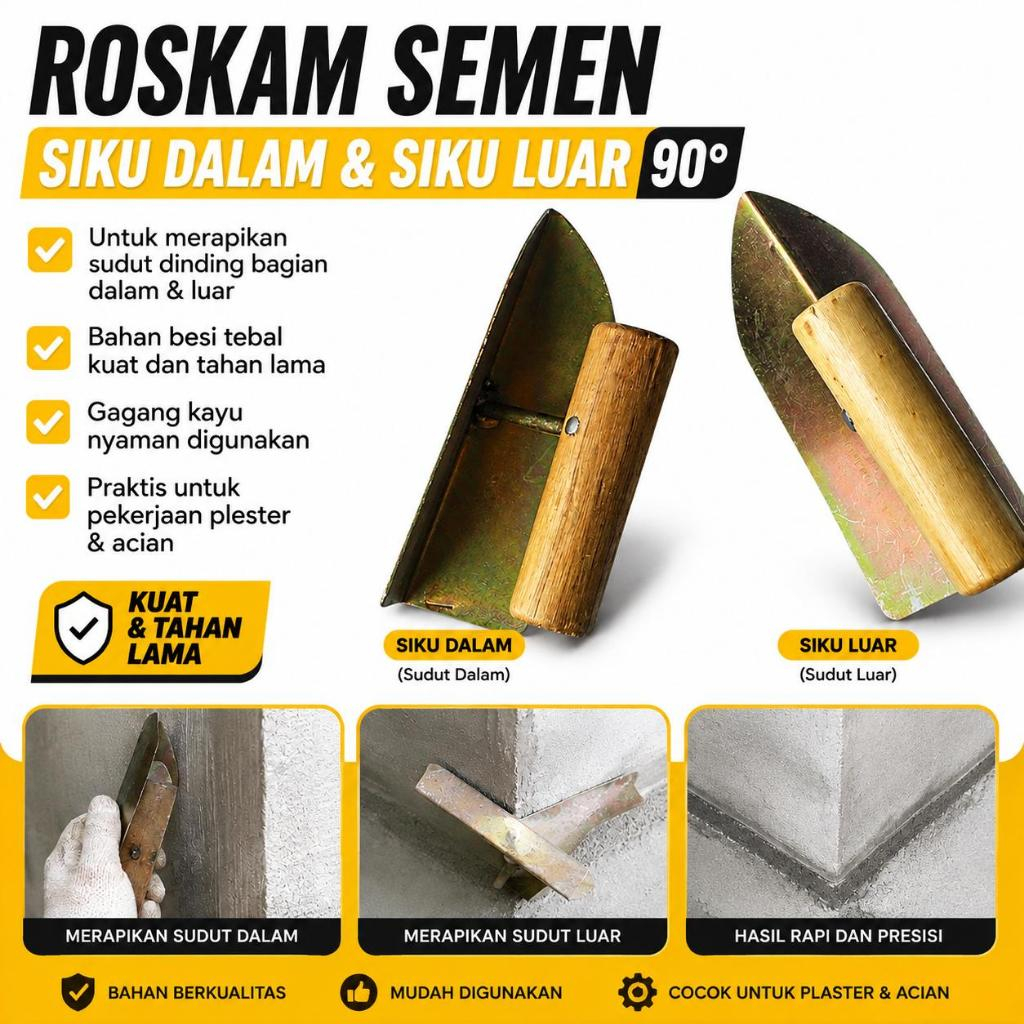 Roskam Semen Siku Dalam / Siku Luar 90 Derajat Gagang Kayu Alat Finishing Plester Acian