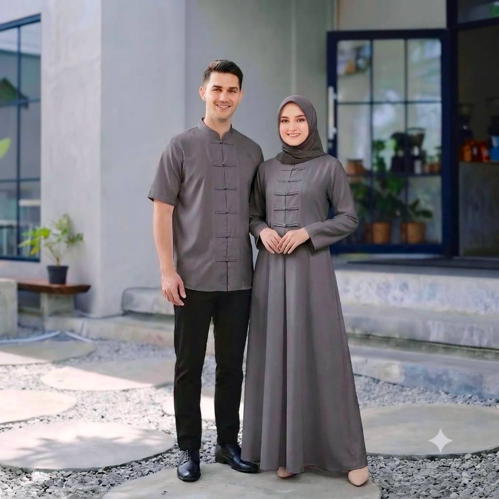 Cheongsam Dress Couple Baju Sarimbit Pasangan Bahan Sabrina Koko Kemeja Gamis Muslim
