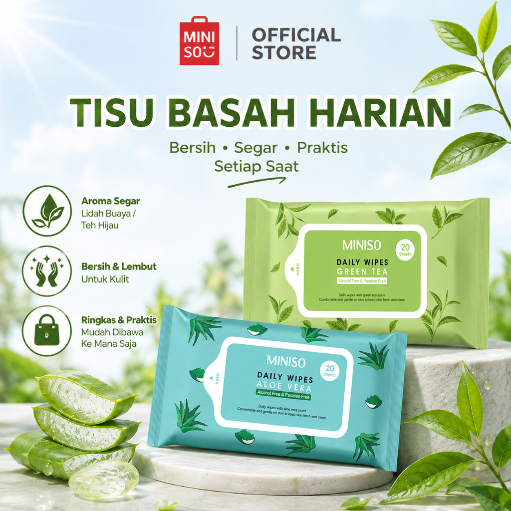 Miniso Tisu Basah Wet Wipes Handuk Muka Lembab dan Fleksibel 20 Handuk Kertas Esensi Tumbuhan, Tanpa