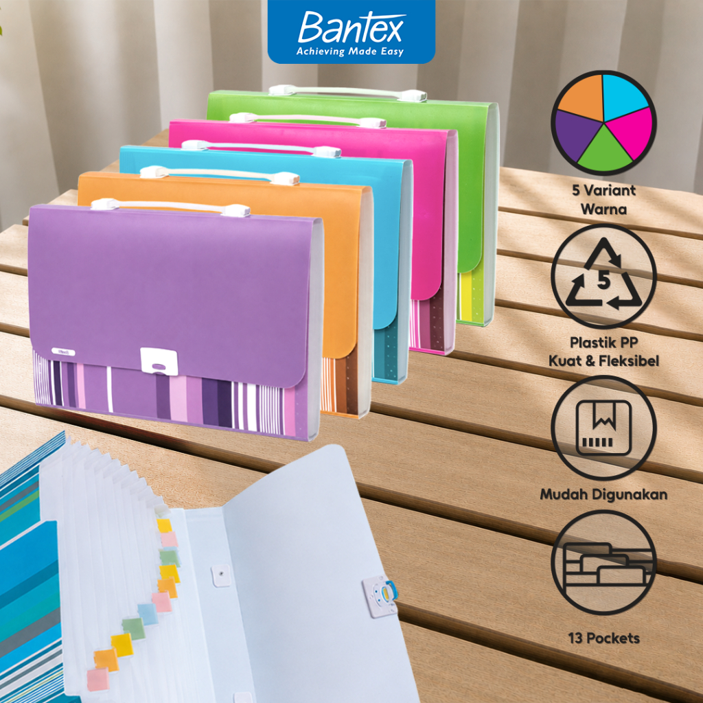 Bantex Map Harmonika Plastik Expanding File 13 Pocket Folio Fancy Stripes