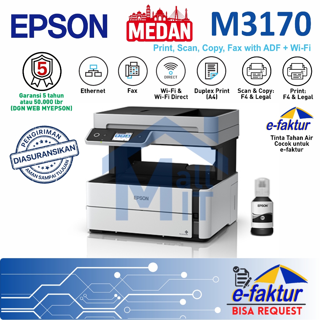 MALLIT EPSON Printer Epson M3170 M-3170 M 3170 Inkjet Monochrome Pigment WIFI Fax with ADF Resmi Med