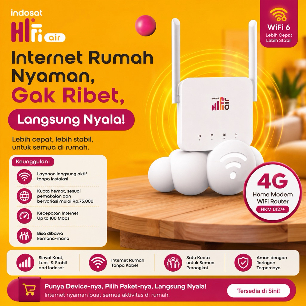 Modem Wifi 4G Indosat Hifi Air HKM 0127+ 50GB, LTE Cat4, 32 Perangkat