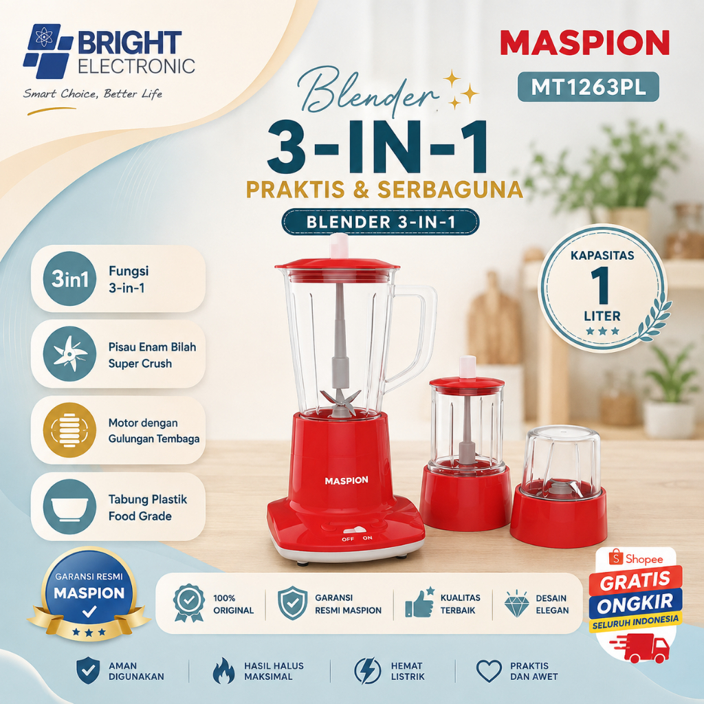 MASPION BLENDER 3 IN 1 MT 1263 PL 1Liter/MT1263PL/MT 1263 PL/MT-1263PL/MASPION BLENDER 3 IN 1