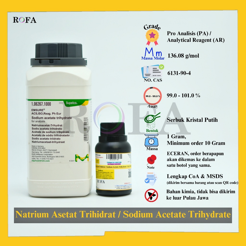 Natrium Asetat Trihidrat / Sodium Acetate Trihydrate / CH3COONa.3H2O Pro Analisis Eceran 1 Gram