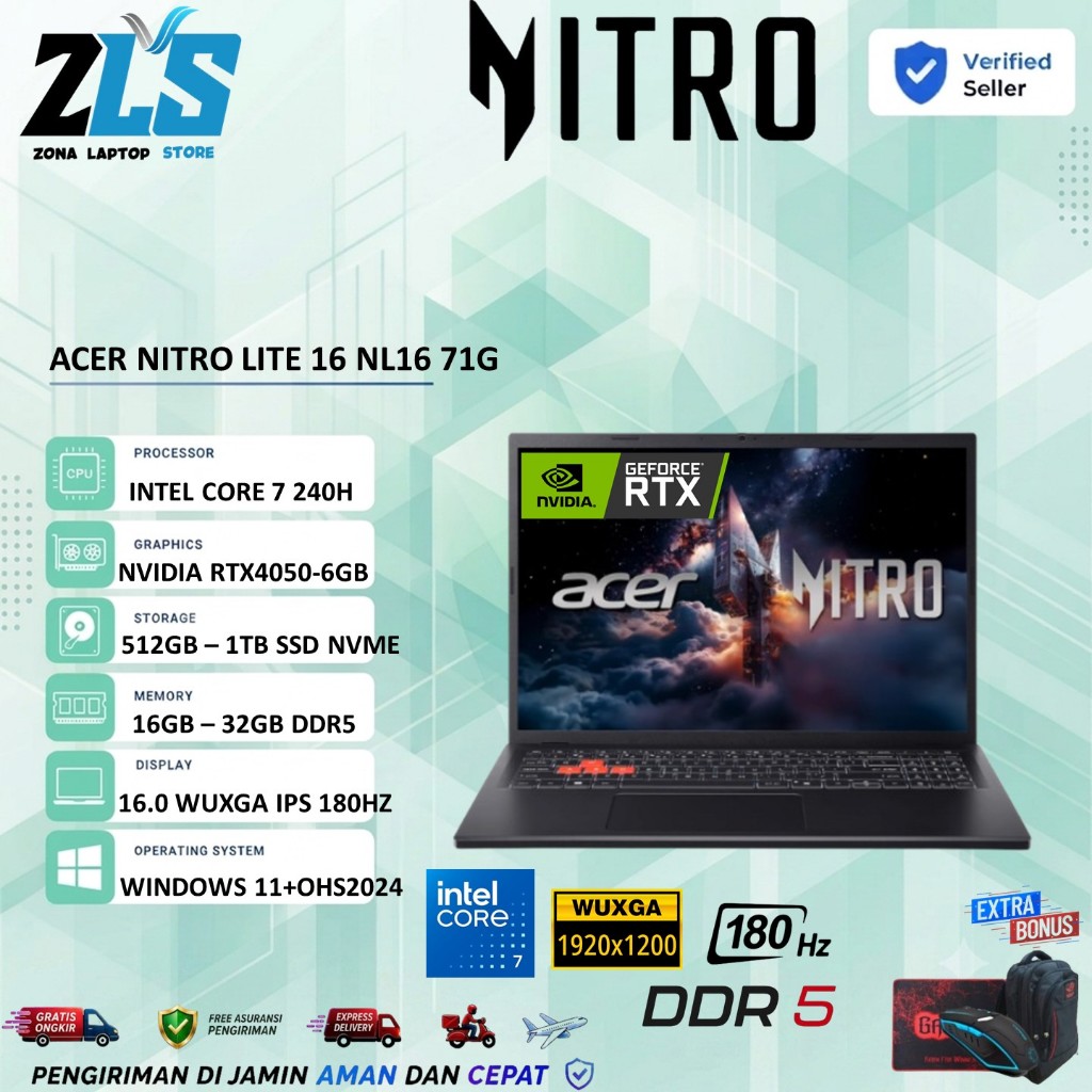 Acer Nitro Lite 16 NL16 71G Nvidia RTX4050 6GB Intel Core 7 240H Ram 32GB 1TB SSD WUXGA 180Hz Win11