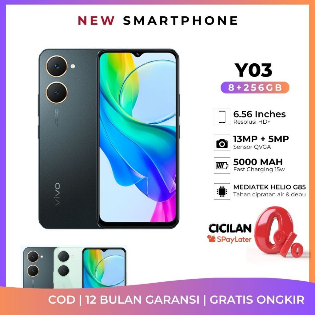 HP Android VIVO Y03 RAM 8/256GB  Warna Hitam Hijau Tahan Air Tahan Debu