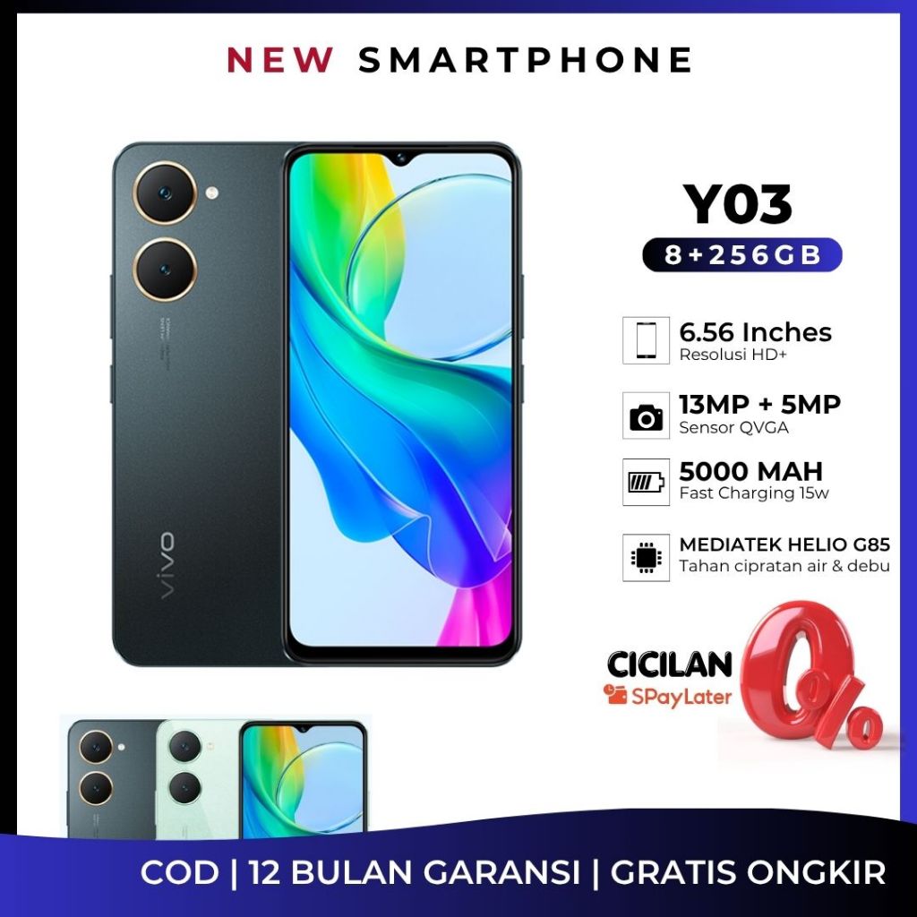 HP Android VIVO Y03 RAM 8/256GB  Warna Hitam Hijau Tahan Air Tahan Debu