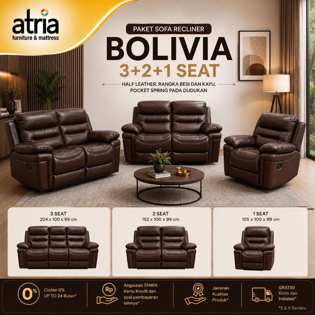 Atria Paket Sofa Recliner 3+2+1 Bolivia Half Leather Dark Brown