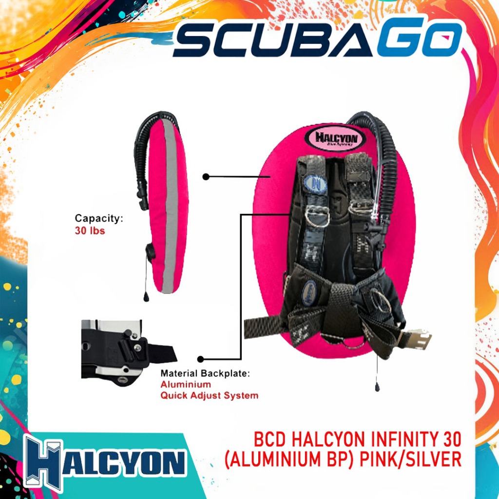 BCD Halcyon Infinity Pink/Silver 30lb Aluminium Backplate Custom BC Selam Technical Donut Scuba Divi