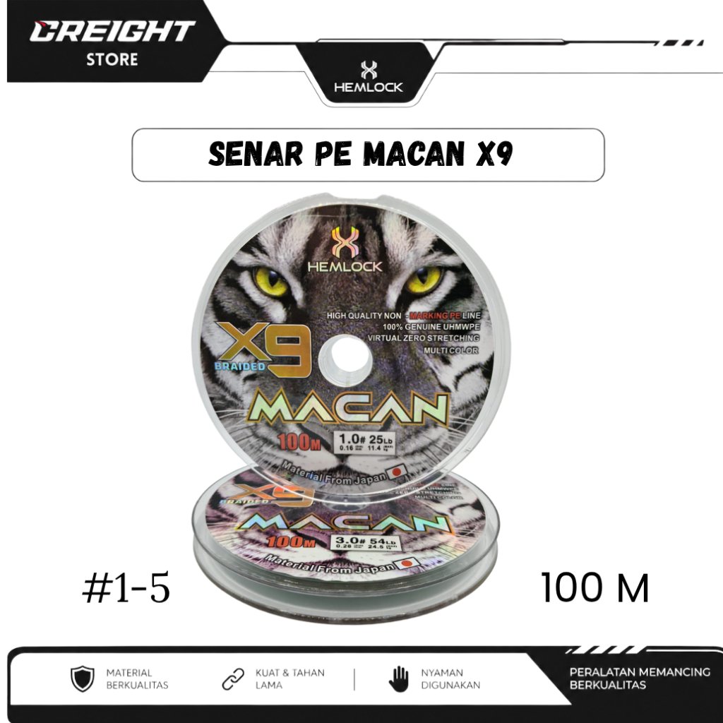 Senar PE Macan X9 100M - Ukuran #1-#5 - 9 Braid Multi Colour - Original Hemlock
