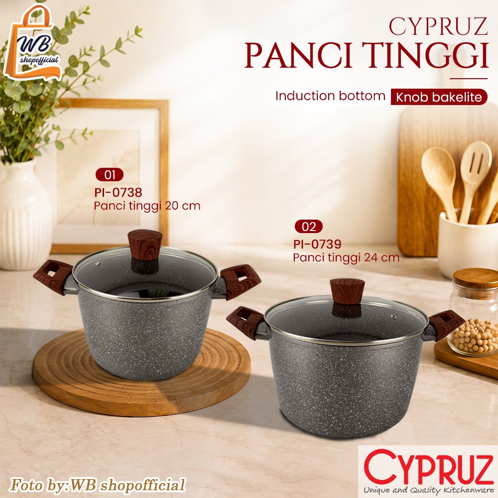 Cypruz Panci tinggi + tutup kaca 20 & 24cm anti lengket / dutch oven marble induction / panci listri