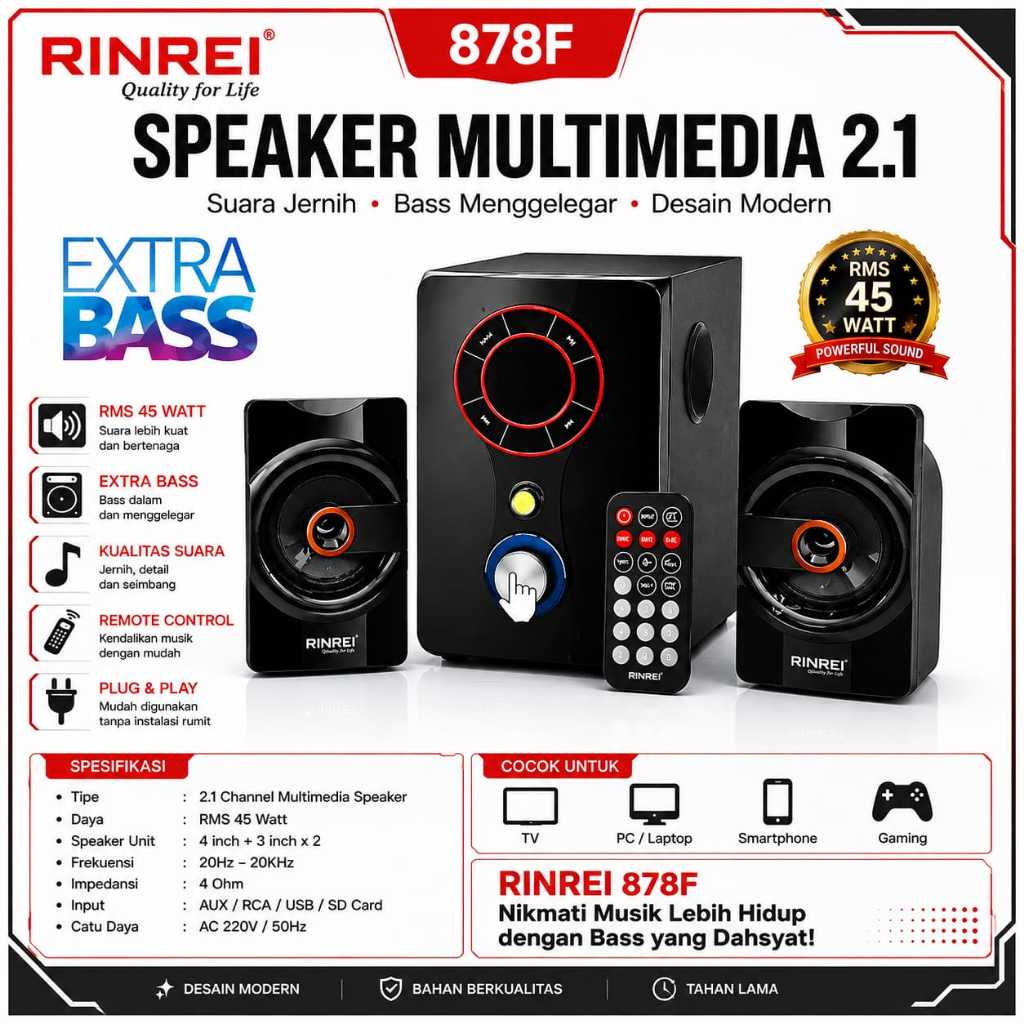 Speaker Rinrei SR-878F / SR-878 F Speaker Bluetooth Speaker Multimedia 2.1 Super Bass 45Wf PROMO MUR
