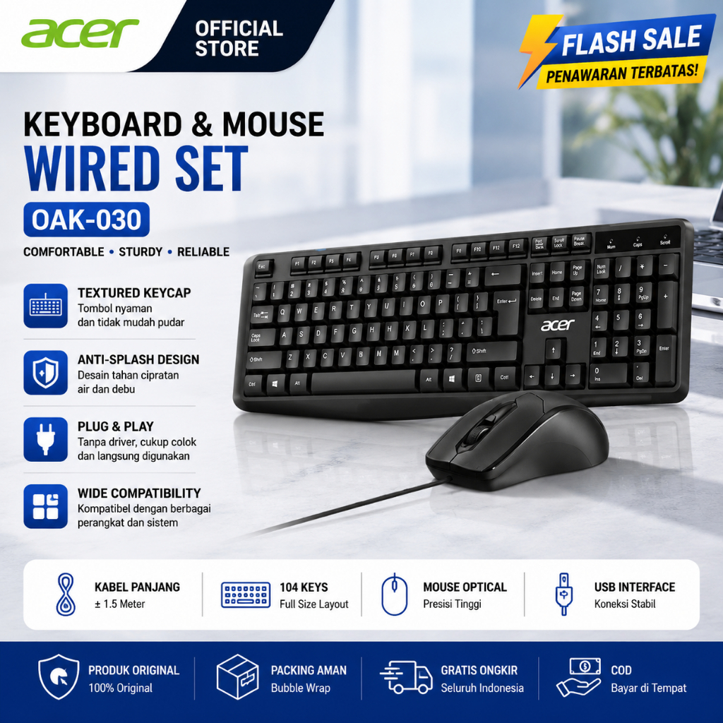 Acer OAK-030 Keyboard Mouse Kabel USB 104 Keys Wired Set Mouse Optical Plug & Play untuk PC Laptop K