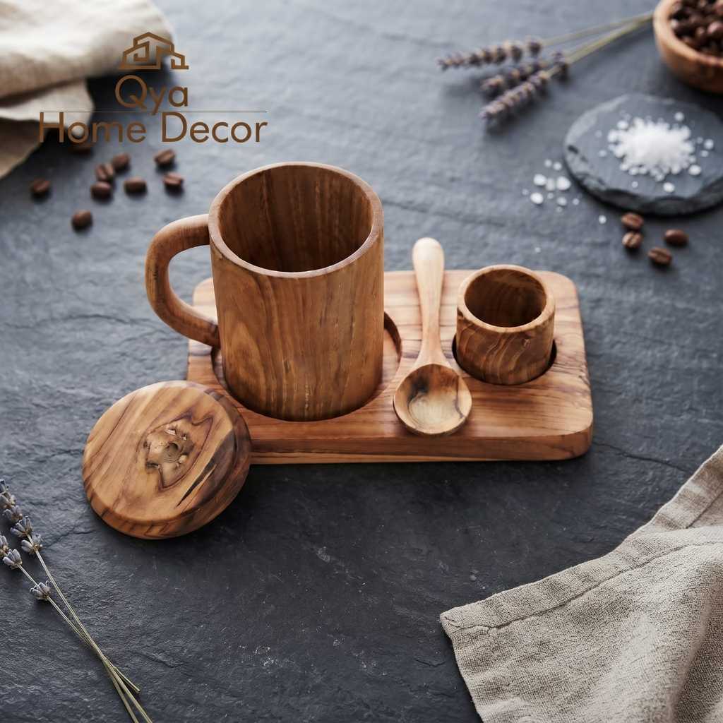 Coffee Set Kayu Jati Premium | Briar Wooden Coffee Serving Set | Set Gelas Sendok Nampan Untuk Kopi 