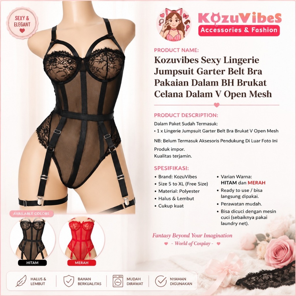 Kozuvibes Sexy Lingerie Jumpsuit Garter Belt Bra Brukat V Open Mesh