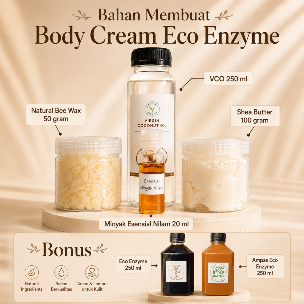 Paket Bahan Body Cream Eco Enzyme – VCO, Shea Butter, Natural Beeswax & Minyak Esensial Nilam